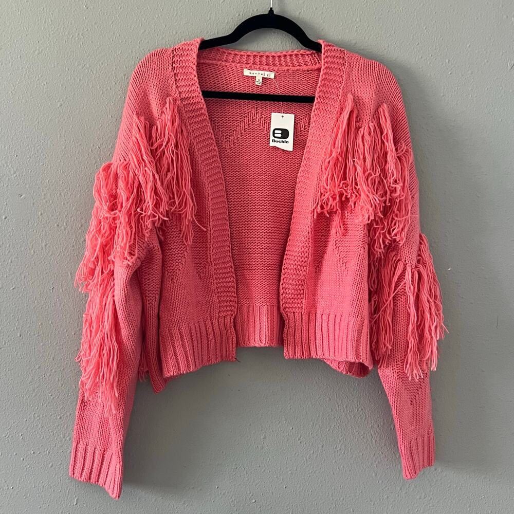NWT BaeVely Pink Fringe Open Front Sweater Cardigan Women's M Oversized
